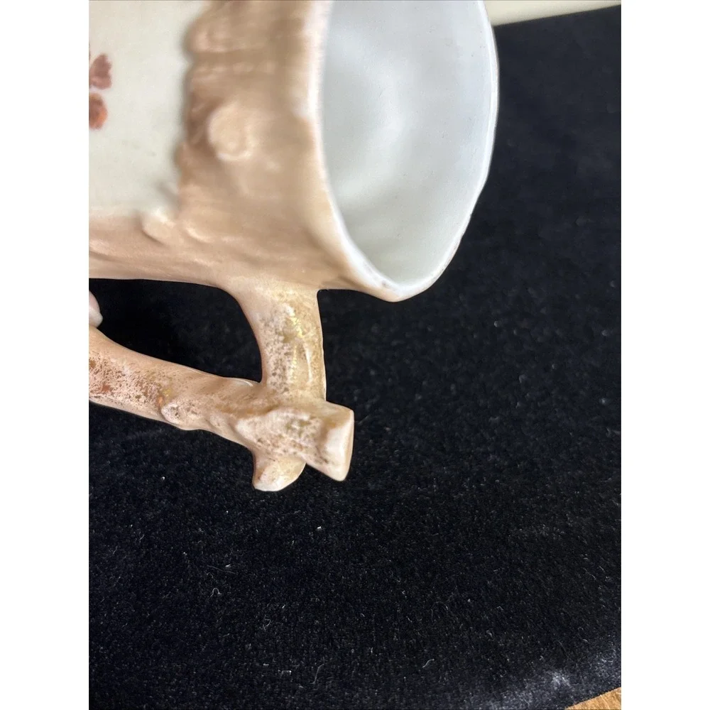 Vintage Tree Trunk Flowers Porcelain Creamer With Branch Handle  Pinkish Peach